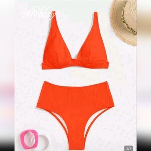 Ribbed High-Waisted Orange Bikini Set